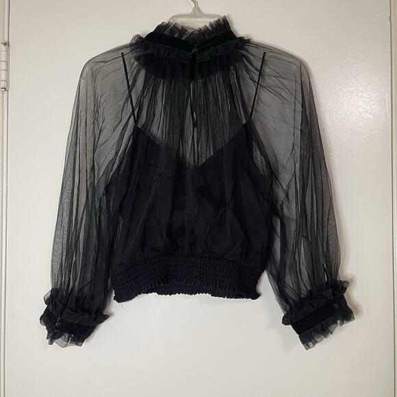 Alice + Olivia Alexia black Mesh Mock Neck Long Sleeve Crop Top size Medium - Picture 4 of 7